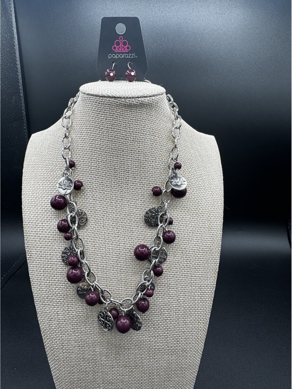 Paparazzi Purple Bead Charm Necklace Set Silver Tone Boho Floral Coin Charms NWT